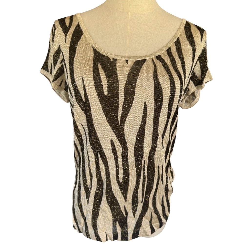 St. John Gold Metallic Zebra Print Knit Top Short Sleeve Scoop‎ Neck S Sparkle
